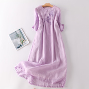 连衣裙紫色苎麻双层文艺气质，复古盘扣刺绣中长款亚麻裙2022夏薄裙
