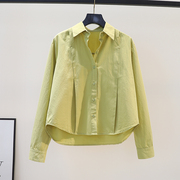 设计感折叠刺绣短款衬衣女黄绿色宽松长袖棉衬衫2023秋季休闲上衣