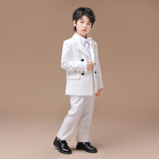 男童白色礼服六粒扣西装套装，儿童表演服正装主持人男孩钢琴演出服