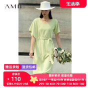 Amii2024夏圆领配腰带不对称短袖连衣裙女设计感法式小黑裙子