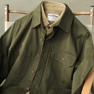 春秋工程师衬衣外套阿美咔叽，美式复古军，绿色硬汉男士长袖工装衬衫