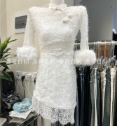 冬季气质名媛刺绣白色七分袖性感新中式旗袍裙高领蕾丝连衣裙