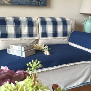 地中海风情纯色沙发巾，棉麻现代纯色布艺深蓝色沙发垫