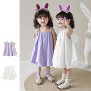 儿童裙子夏季女童纯棉薄款紫色潮背心裙吊带裙小童宝宝白色连衣裙