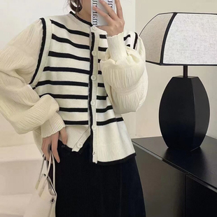 条纹毛衣女(毛衣女)韩版泡泡袖欧根纱拼接休闲假两件春季外穿开衫扣子