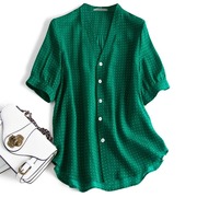 大码女装夏复古森林绿法式波点上衣女胖妹妹气质V领短袖衬衫