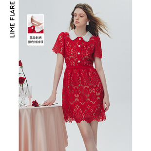 莱茵福莱尔中国红花边，立体镂空刺绣连衣裙2024春季高级感裙子