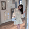 fairyjiang夏季国风刺绣白色雪纺，百褶半身裙高腰，显瘦不规则短裙子