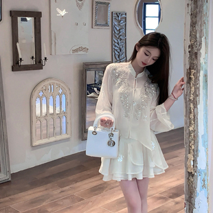 fairyjiang夏季国风刺绣白色雪纺，百褶半身裙高腰，显瘦不规则短裙子