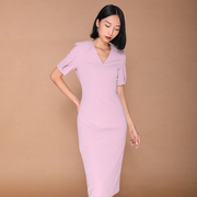 brandbymei律政商务通勤优雅气质，简约设计感纯色，小v领铅笔连衣裙