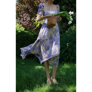 ching's莫奈花园法式气质，紫碎花油画花朵，定染显瘦连衣裙高腰长裙