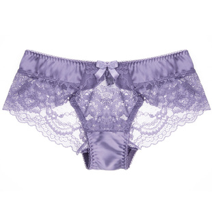 法式欧美轻奢珠光缎面性感透明蕾丝V形包臀低腰女三角内裤熏紫色