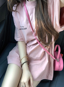 夏季美式复古印花粉色短袖，t恤女夏季潮牌宽松ins休闲甜美上衣