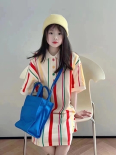 波拉韩国童装女童连衣裙春夏彩虹条纹长款短袖T恤儿童polo衫