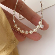 s925纯银设计感锆石镶嵌简约手链水晶珍珠碎银子，手串不对称手镯女