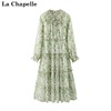 拉夏贝尔/La Chapelle绿色碎花连衣裙圆领泡泡袖花边蝴蝶结中长裙