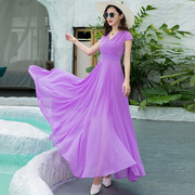 雪纺香芋紫色连衣裙显白气质显瘦显高收腰长款超大摆长裙简单高贵