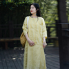 轻中式浅黄色禅意亚麻，绣花连衣裙知笔墨长袖减龄旅行长袖长裙子