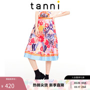 tanni商场同款复古花卉印花时尚挺括简约A字百褶半身裙TL11SK022B