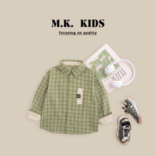 mk品牌儿童春款纯棉衬衫外套，经典格子衬衫清新绿，男童外套cg80112
