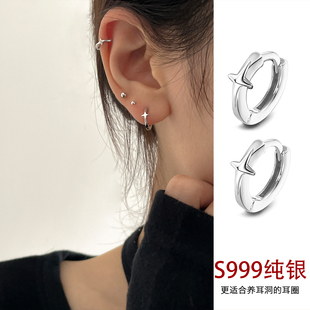 耳环纯银999养耳洞耳钉，2024耳扣男士耳圈银，耳饰女耳骨钉