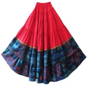 红色半身裙超大花布摆长裙女装，春秋款拼接棉麻民族风裙摆双层