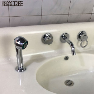 全铜圆体浴室柜墙式水龙头，两三四件套冷热，洗手脸盆面盆抽拉出水器