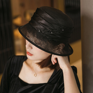 法式小礼帽女士夏季草帽，女复古英伦时尚，麻纱卷边防晒遮阳帽子