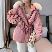 粉红色温柔系羽绒服女中长款加厚立领白鸭绒(白鸭绒)外套冬季欧货