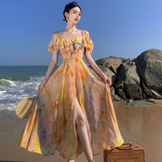海边度假荷叶边一字肩，吊带连衣裙漂亮气质独特超好看法式长裙子夏