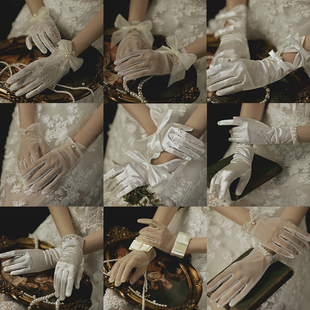 新娘结婚短款珍珠手套，婚纱韩式网纱白色，拍照夏季旅拍饰品配件