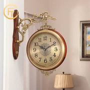 胖匠黄铜双面挂钟美式客厅复古实木欧式两面钟表，个性创意装饰时钟