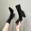 欧洲站马丁靴女2023秋冬季方头百搭漆皮，高跟瘦瘦靴粗跟短靴子
