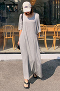 夏装短袖圆领t恤连衣裙，女长款韩版莫代尔，棉宽松大码系带裙子