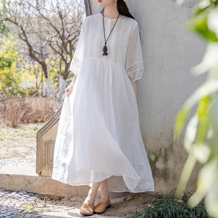 念江南温柔风气质度假白色，连衣裙苎麻圆领设计感飘逸大摆裙子女