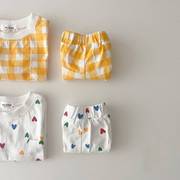 韩版ins婴幼儿清爽棉短袖套装夏季宝宝爱心格子休闲T恤短裤两件套