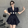 法式别致设计高级感气质赫本风泡泡袖黑色西装蓬蓬连衣裙子女夏季