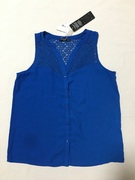 外贸原单v*iva蓝色，亨利小v领无袖雪纺衬衣，衬衫精致蕾丝拼接优雅