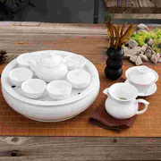 家用纯白功夫陶瓷茶具套装带盖碗茶壶圆形，茶船储水茶盘组合