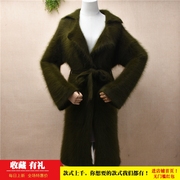 冬季加厚中长款ins长毛貂绒军绿色，西装领系带，修身显瘦外套毛衣181