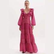 欧美风性感镂空露腰荷叶，边系带蕾丝拼接条纹，提花玫红色连衣裙长裙