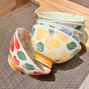 日本进口美浓烧陶瓷小碗日式五彩花卉釉下彩米饭碗家用陶瓷餐具