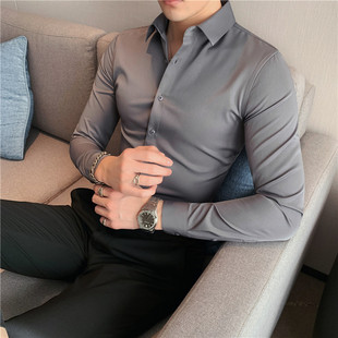 高级感黑色长袖衬衫，男弹力内搭寸衫韩版修身商务灰色加绒打底衬衣