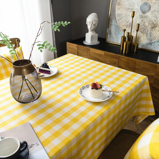 经典黄色格子棉麻布艺粉色格子北欧简约现代蕾丝边餐桌布茶几台布