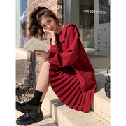 赫本风长袖红色连衣裙，女秋季中长款2024小个子衬衫雪纺百褶裙