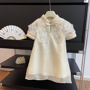 儿童旗袍公主裙，夏季洋气气质宝宝小女孩复古领中式蕾丝短袖连衣裙