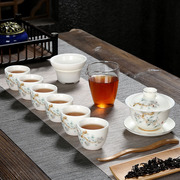 中式三才盖碗整套青花茶具套装白瓷木盒公司送礼可印logo功夫茶具