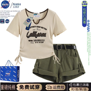 NASA美式纯棉短袖t恤女正肩2023短款体恤小众牛仔短裤套装ins