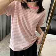 韩国撞色粉色条纹短袖t恤女春夏2024文艺，女彩棉宽松圆领上衣