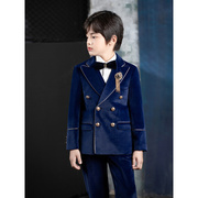 定制儿童西装套装2023蓝色丝绒冬男童花童礼服主持钢琴演出服